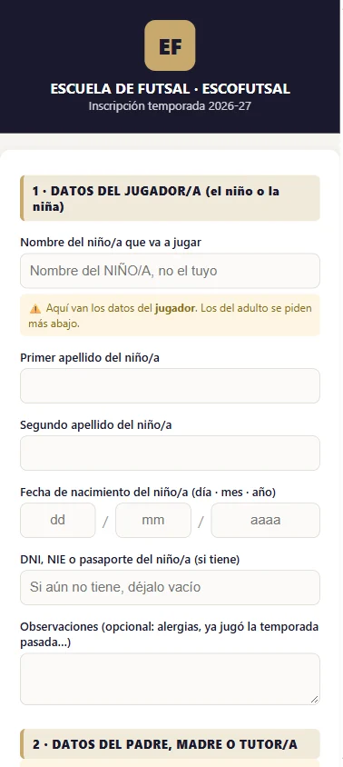 El formulario de inscripción de ASIDRA en un móvil