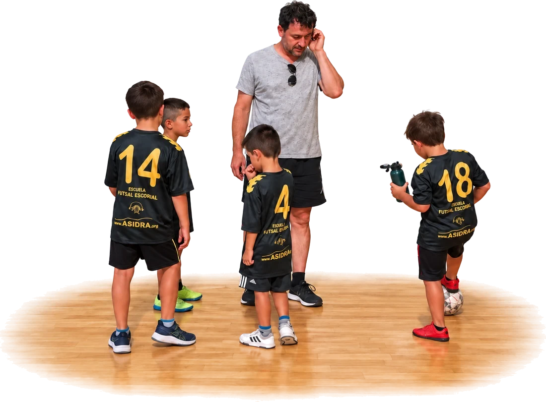 Un monitor con cuatro jugadores de la Escuela Futsal Escorial durante un descanso